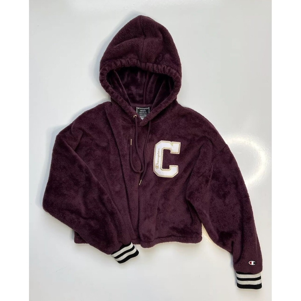 Champion Faux Fur Plum Cropped Hoodie / Women's Size Medium‎